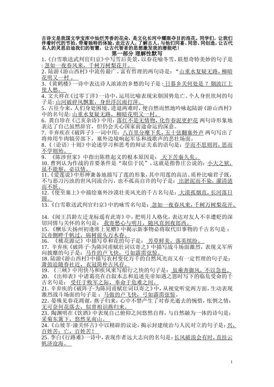 初中语文古诗文默写百题专题竞赛_第1页