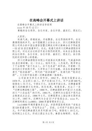 在高峰会开幕式上讲话
