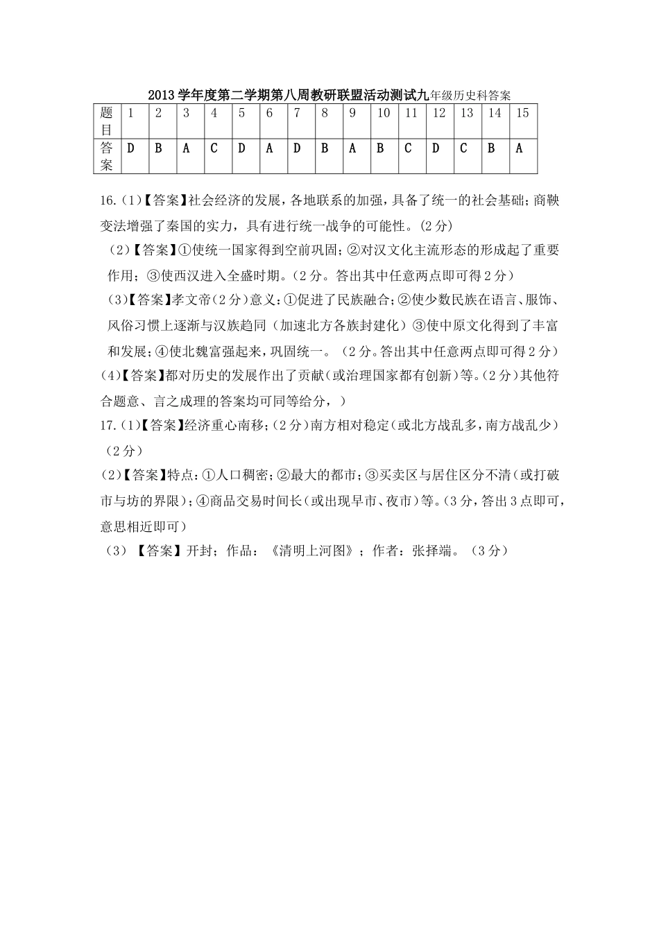 九年级历史科试卷答案_第1页