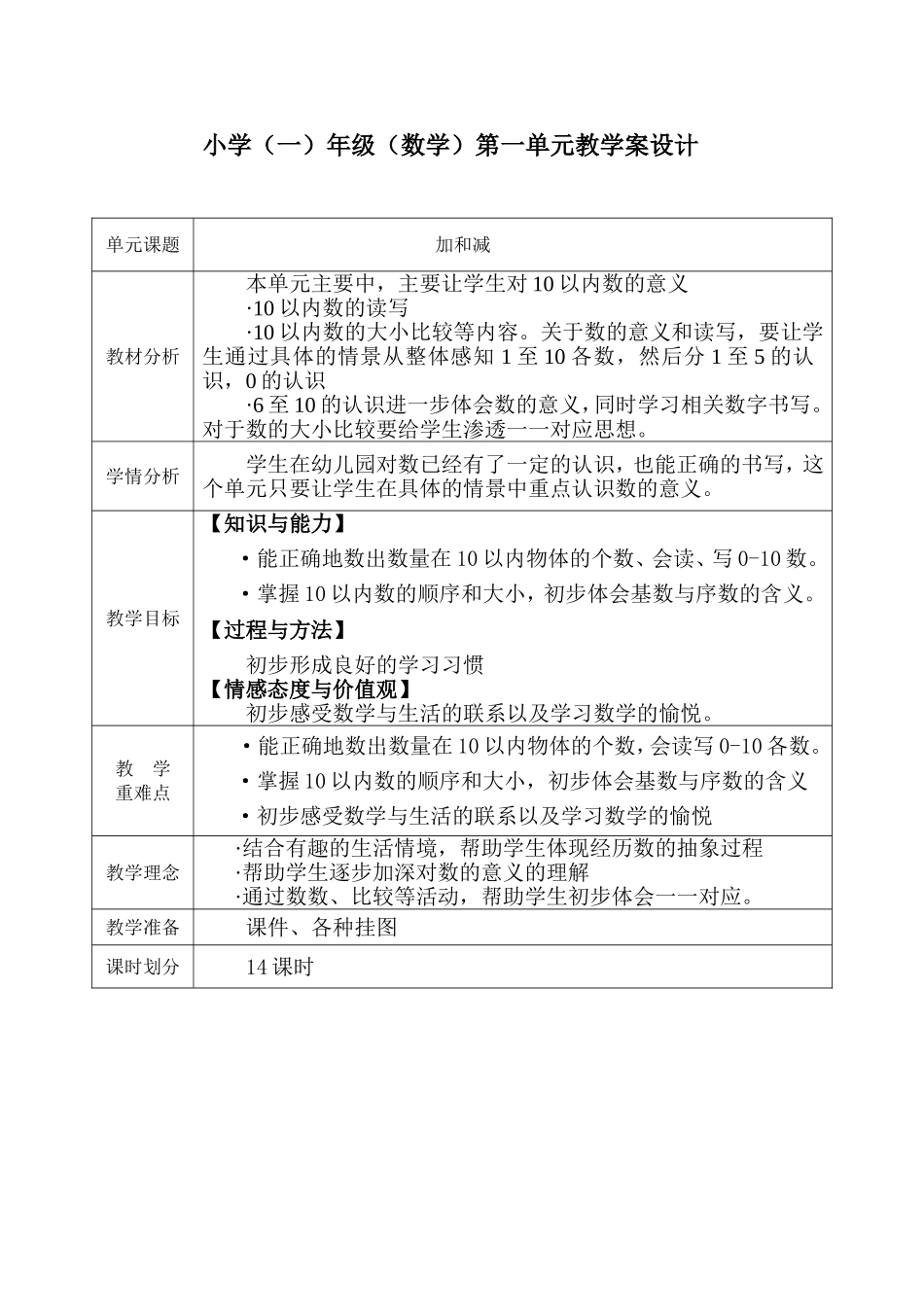 小学(一)年级（数学）第一单元教学案设计_第1页