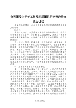 公司团委上半年工作及基层团组织建设经验交流会讲话