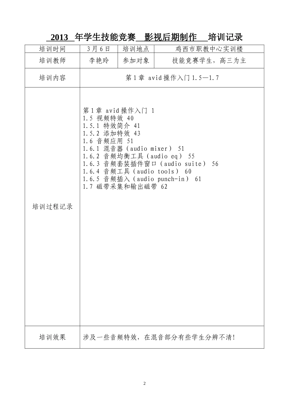 影视后期制作--培训记录表_第2页