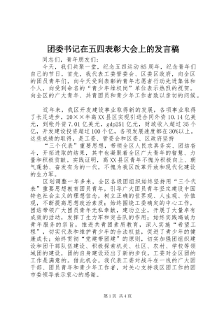 团委书记在五四表彰大会上的发言稿