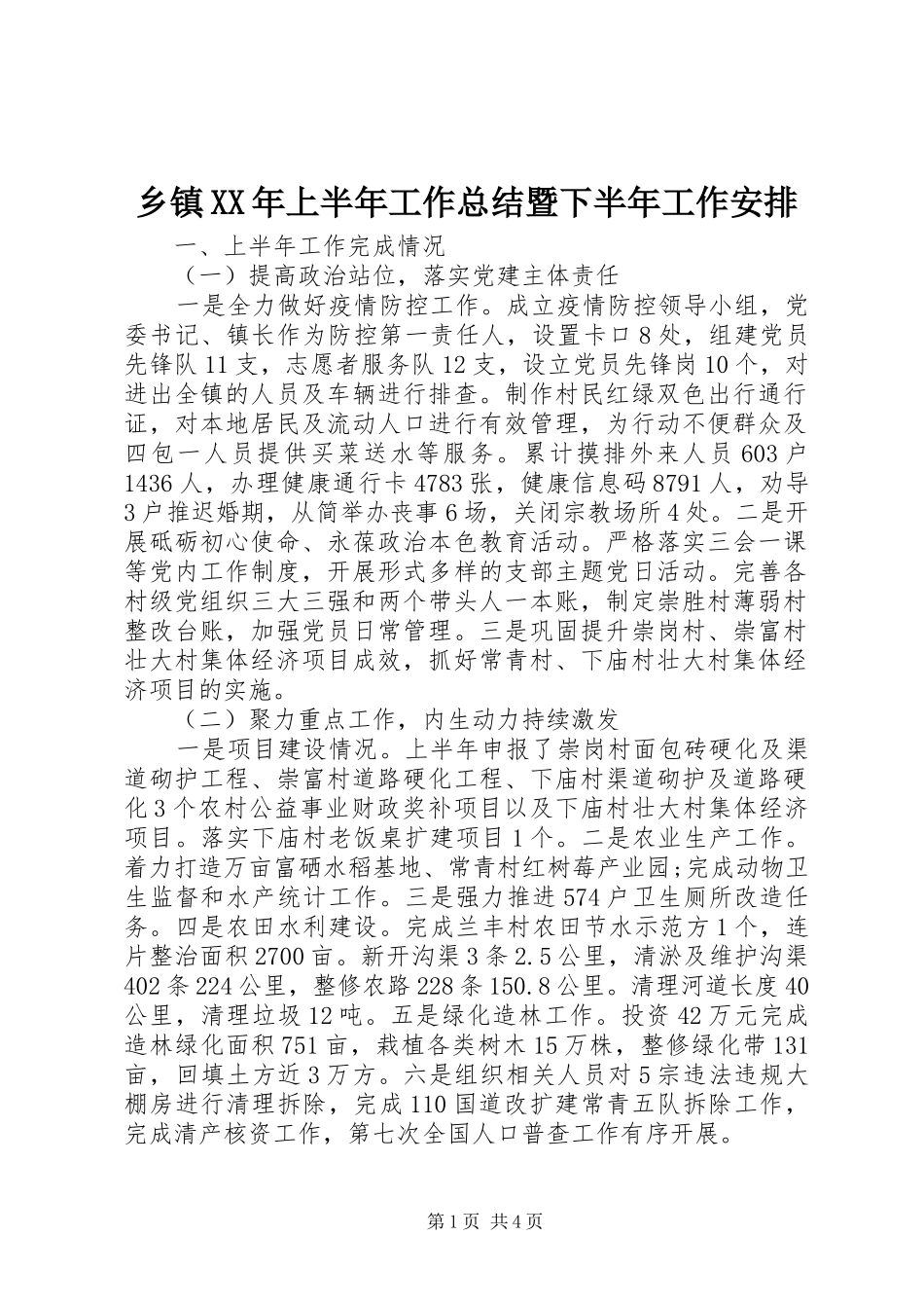 乡镇XX年上半年工作总结暨下半年工作安排_第1页
