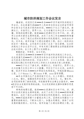 城市防洪规划工作会议发言