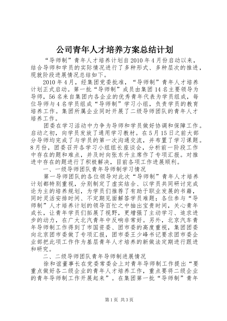 公司青年人才培养方案总结计划_第1页