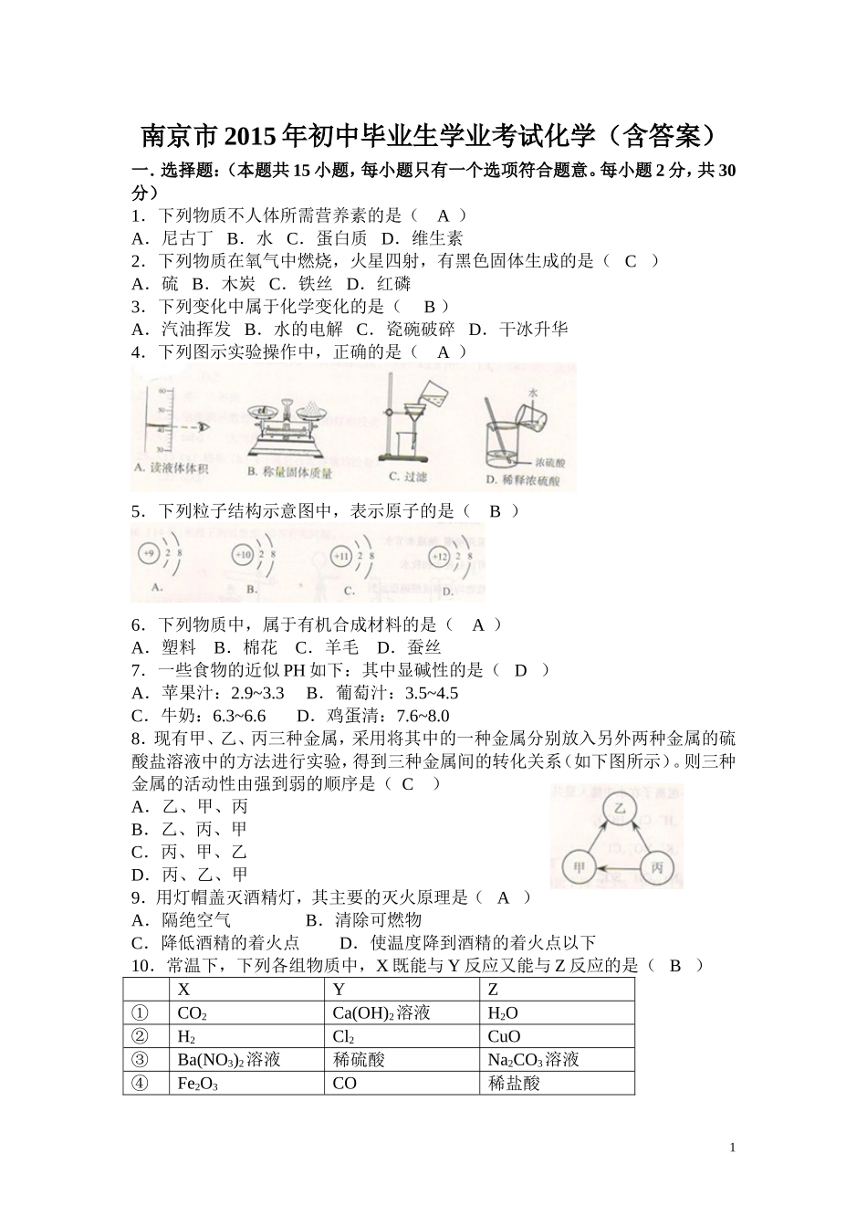 江苏省南京市2015年中考化学试题（WORD版，含答案） (2)_第1页