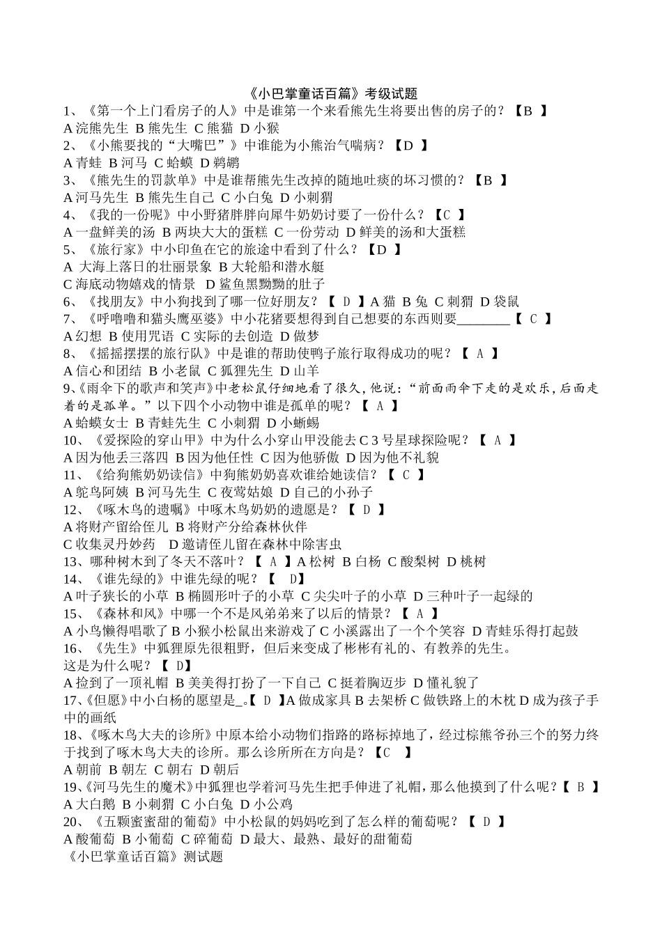 《小巴掌童话百篇》试题_第1页