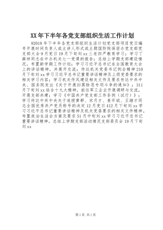 XX年下半年各党支部组织生活工作计划