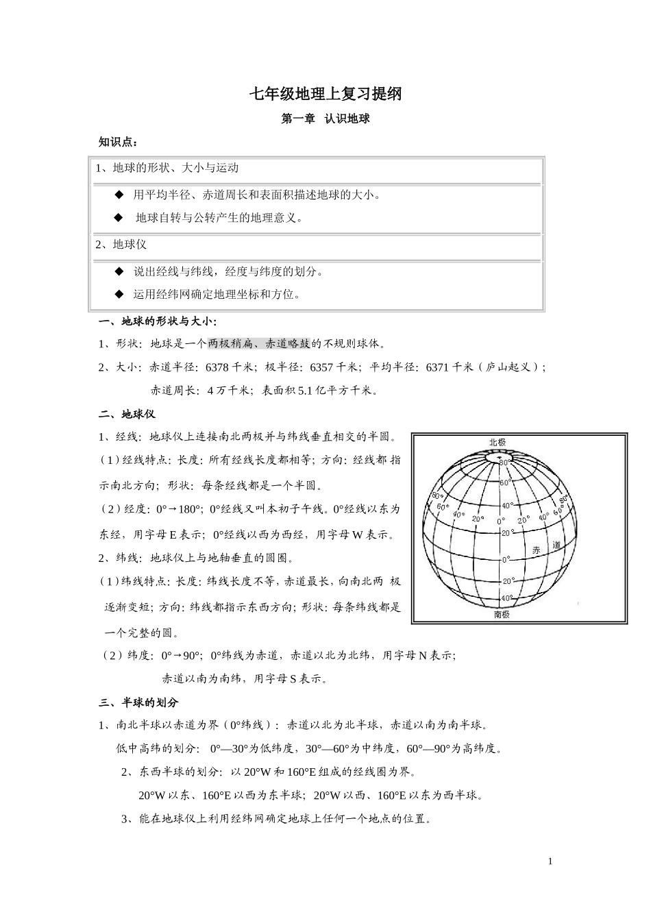 七年级地理上总复习提纲_第1页