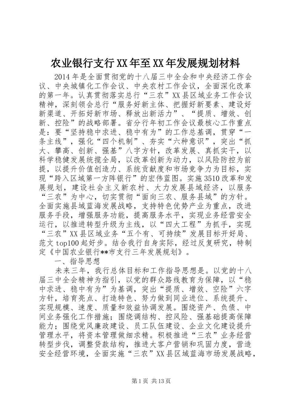 农业银行支行XX年至XX年发展规划材料_第1页