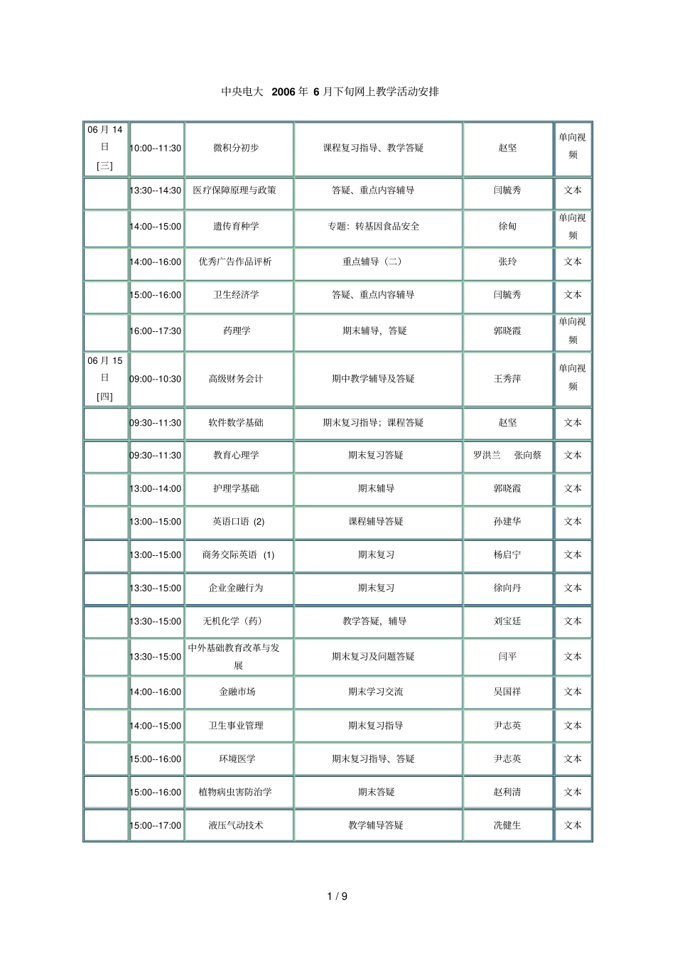 中央电大月下旬网上教学活动安排_第1页