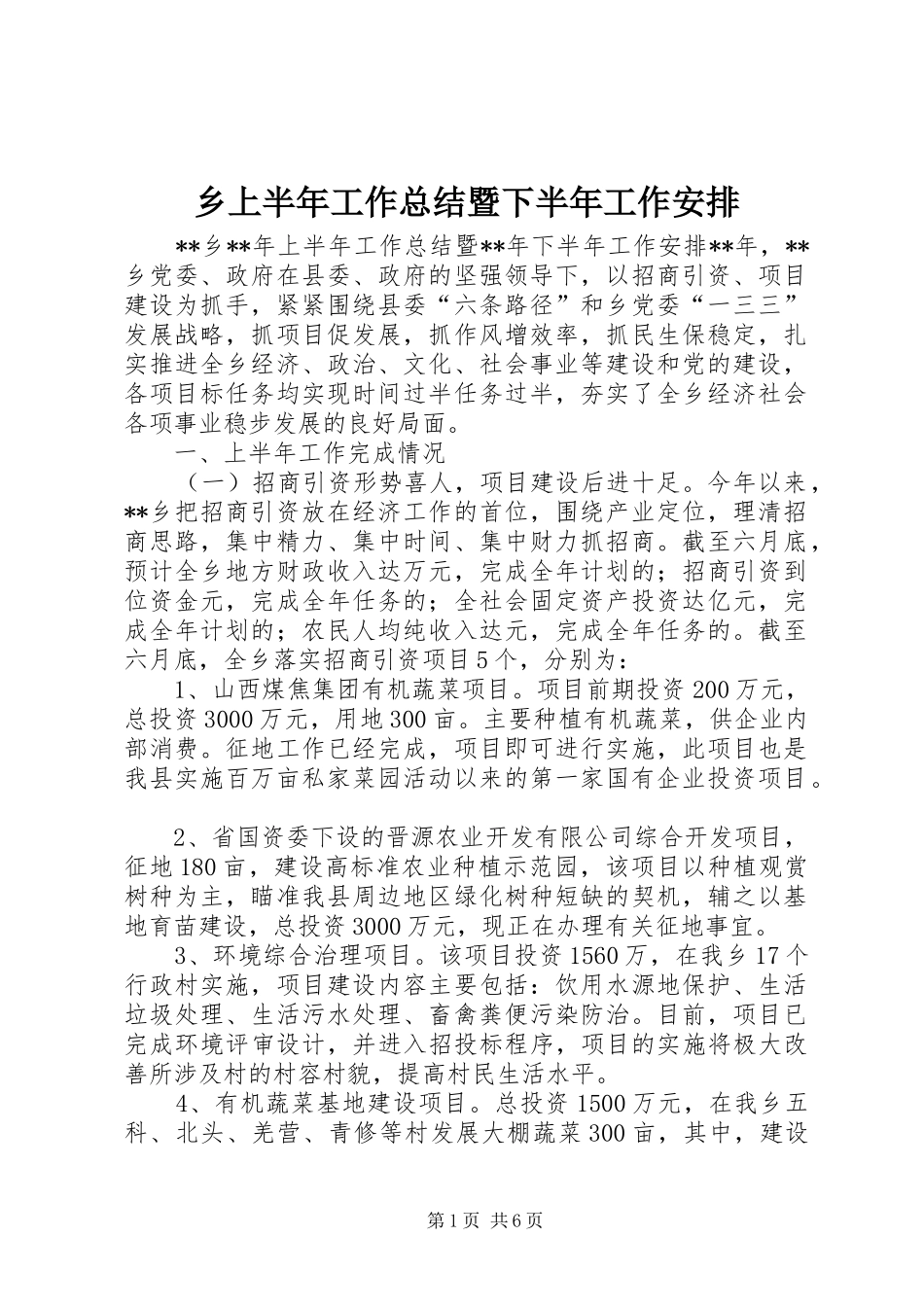 乡上半年工作总结暨下半年工作安排_第1页