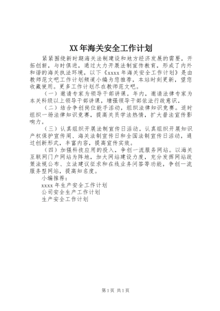 XX年海关安全工作计划