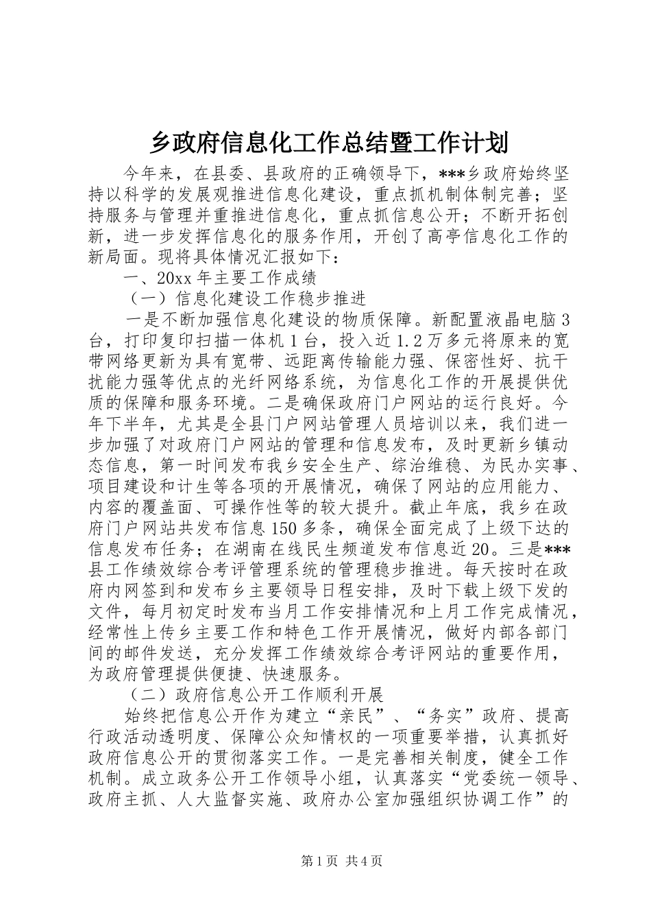 乡政府信息化工作总结暨工作计划_第1页