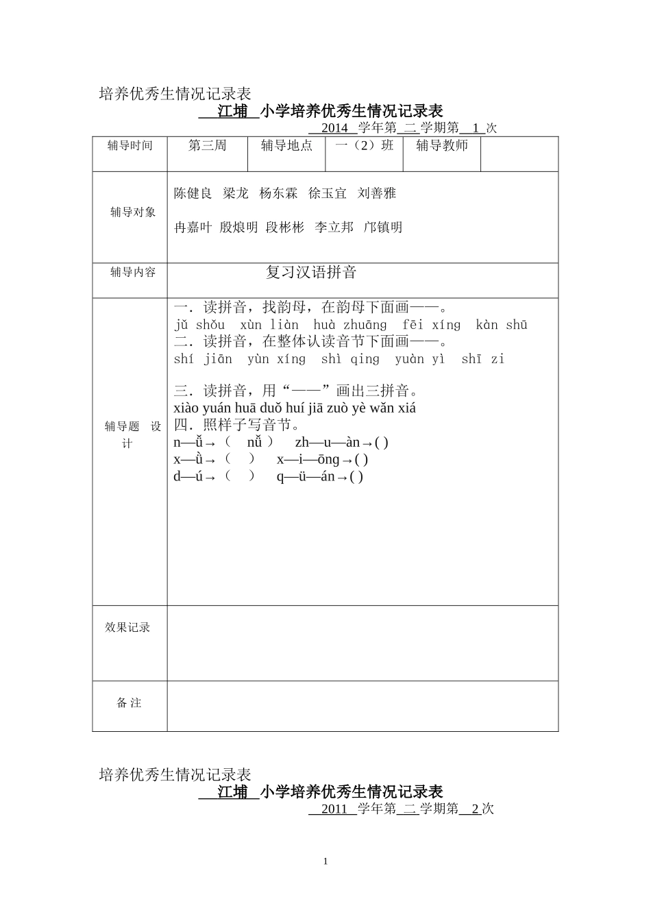 培养优秀生情况记录表(2011)_第1页