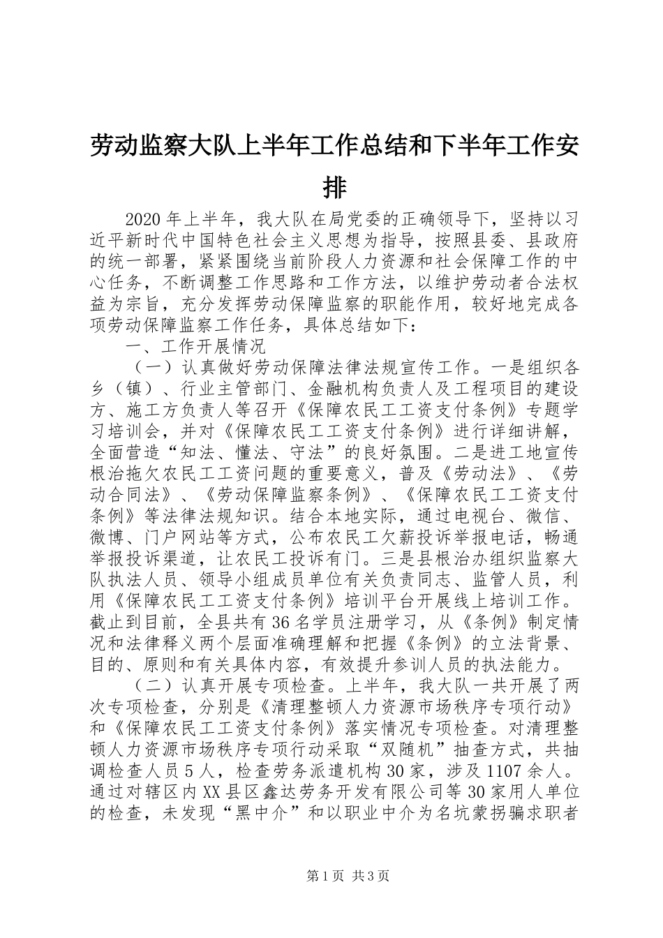 劳动监察大队上半年工作总结和下半年工作安排_第1页