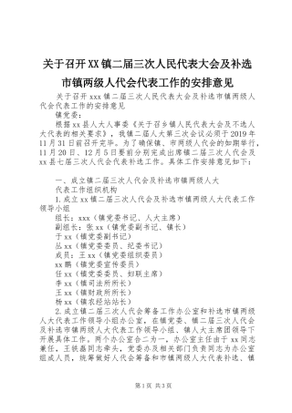 关于召开XX镇二届三次人民代表大会及补选市镇两级人代会代表工作的安排意见