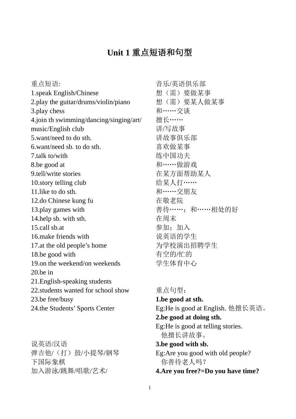 七年级英语下册Unit1重点短语和句型_第1页