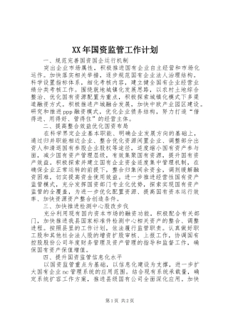 XX年国资监管工作计划