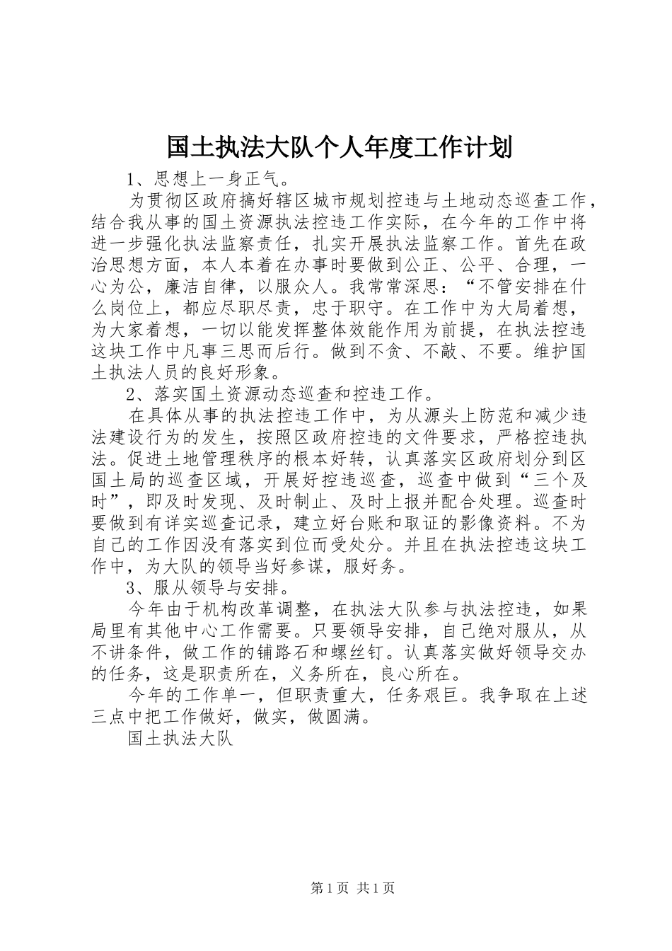国土执法大队个人年度工作计划_1_第1页