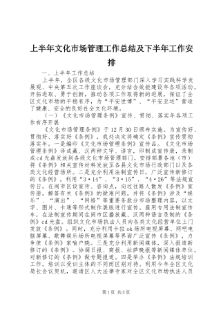 上半年文化市场管理工作总结及下半年工作安排
