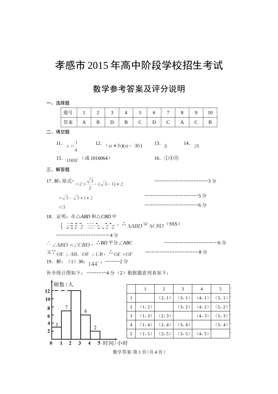 2015湖北省孝感市2015年高中阶段学校招生考试数学参考答案_第1页