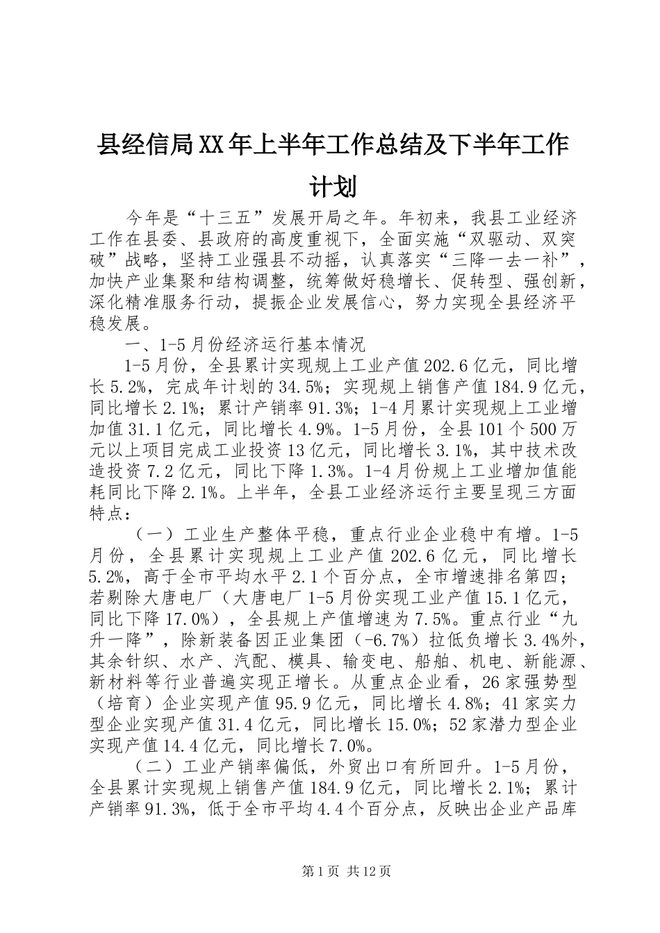 县经信局XX年上半年工作总结及下半年工作计划_1_第1页