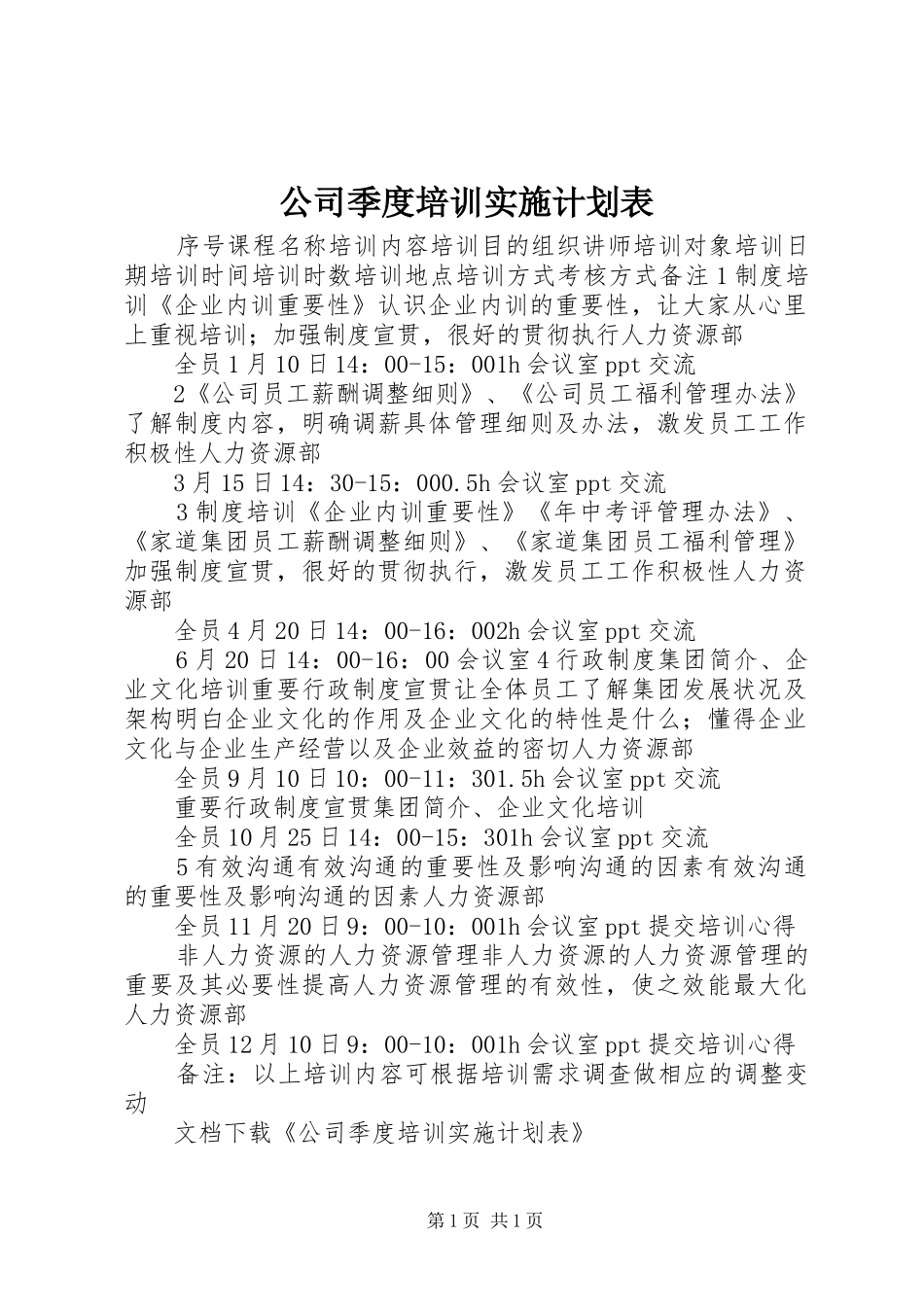 公司季度培训实施计划表_第1页