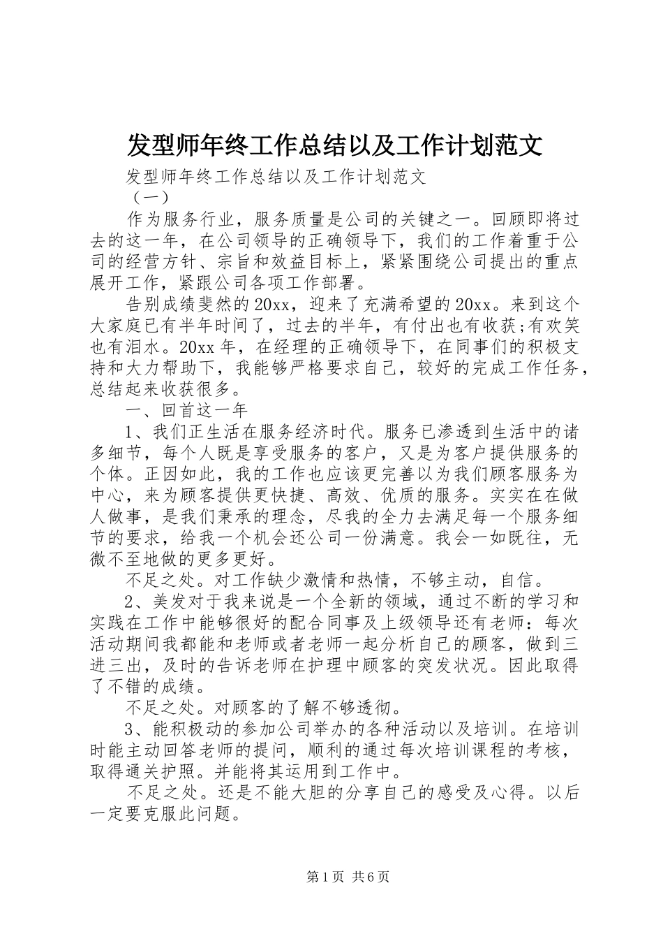 发型师年终工作总结以及工作计划范文_第1页