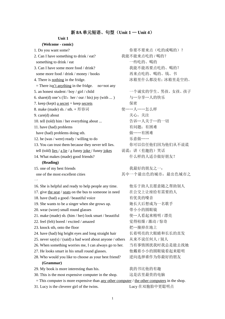 新8上单元短语、句型Unit1-Unit4_第1页