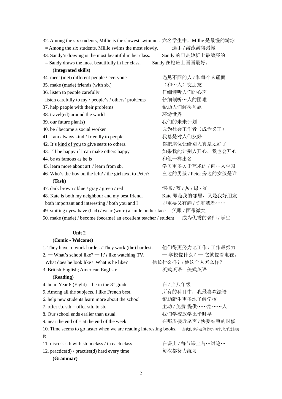 新8上单元短语、句型Unit1-Unit4_第2页