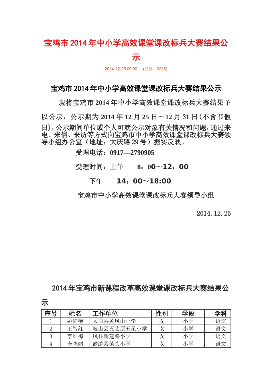 宝鸡市2014年中小学高效课堂课改标兵大赛结果公示_第1页