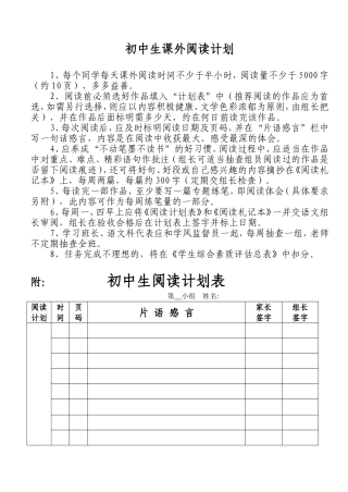 初中生课外阅读计划及表格