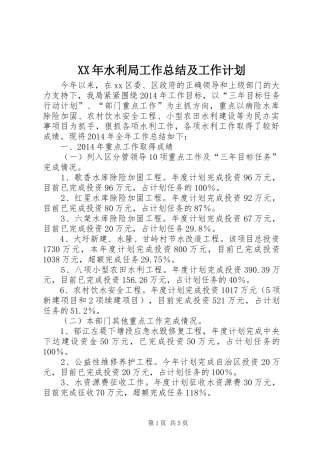 XX年水利局工作总结及工作计划