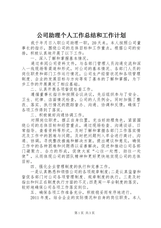 公司助理个人工作总结和工作计划