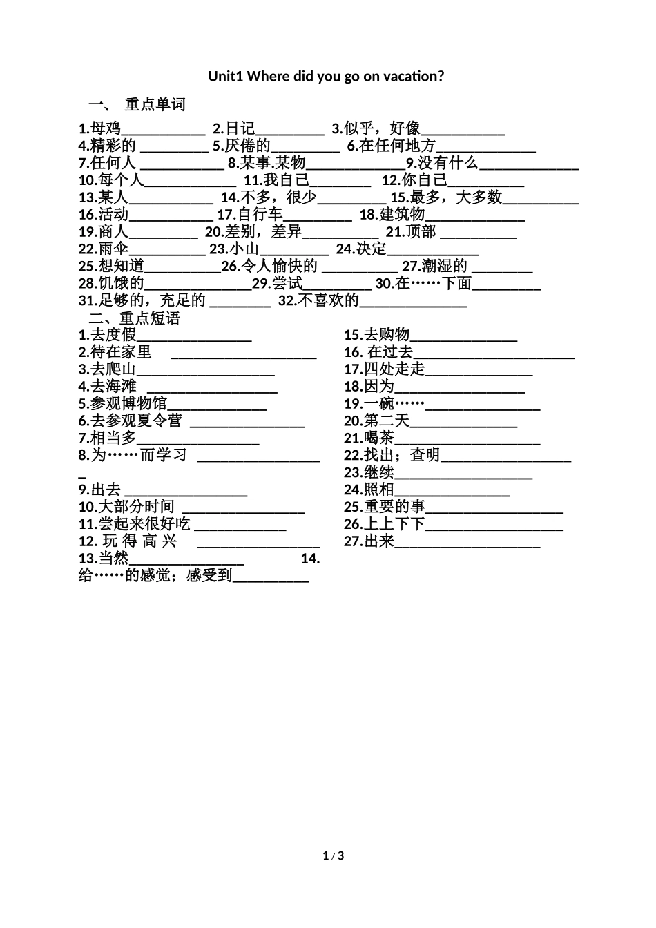 八年级英语(上)Unit1重点单词短语总结_第1页