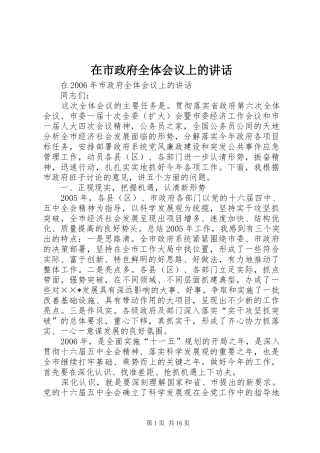 在市政府全体会议上的讲话