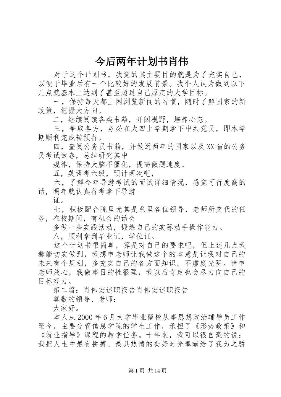 今后两年计划书肖伟_第1页