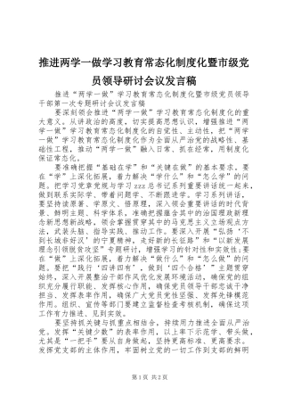 推进两学一做学习教育常态化制度化暨市级党员领导研讨会议发言稿