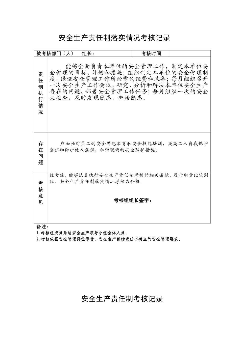 安全生产责任制落实情况考核记录_第1页