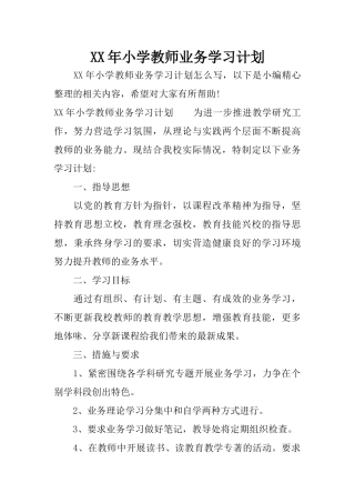XX年小学教师业务学习计划
