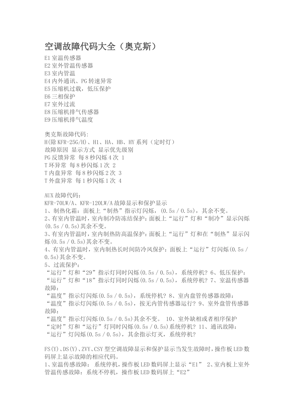 奥克斯空调故障代码大全_第1页