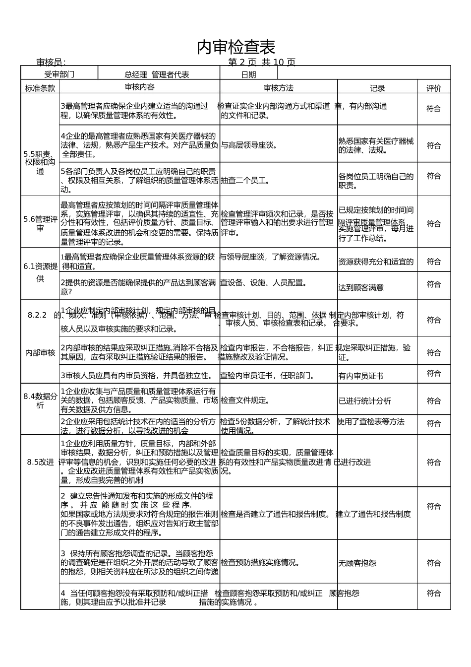 ISO13485内审检查表(完整各部门)_第2页