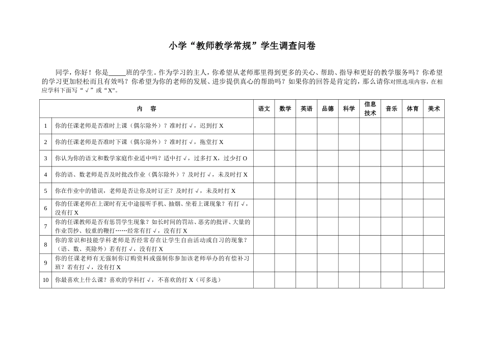 小学教师教学常规学生问卷_第1页