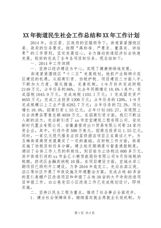 XX年街道民生社会工作总结和XX年工作计划