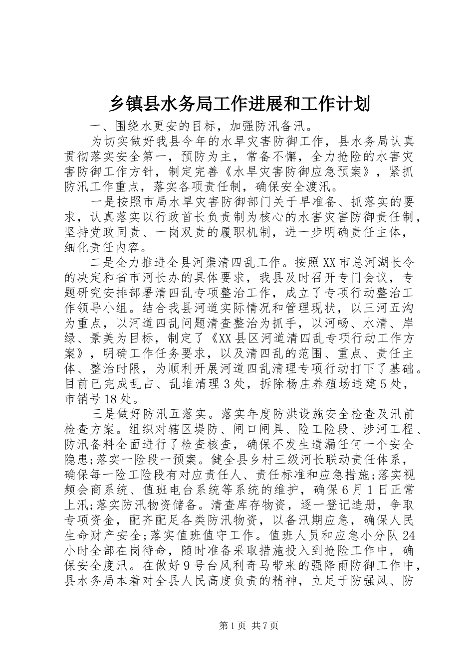 乡镇县水务局工作进展和工作计划_第1页