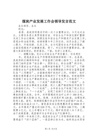 煤炭产业发展工作会领导发言范文