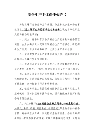 安全生产主体责任承诺书(参考范本)