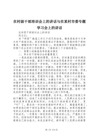 在村级干部培训会上的讲话与在某村市委专题学习会上的讲话